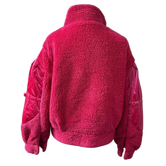 Forever 21 Womens Hot Pink Sherpa Jacket JuniorSize L With Faux Leather Sleeves - Picture 3 of 16